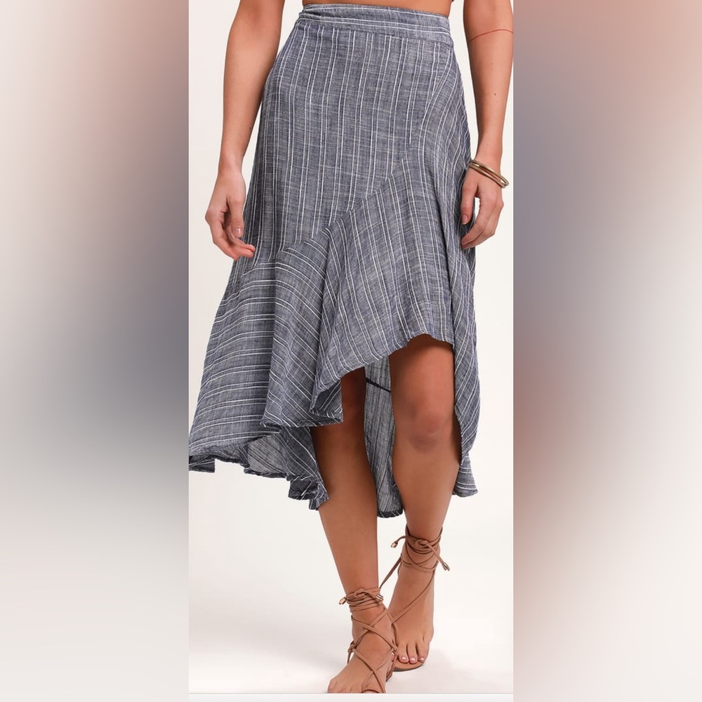 XS NWT Lulus By the Bay Washed Blue and White Striped Ruffled Midi Skirt